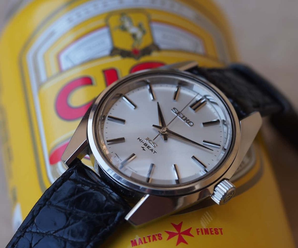 Vintage King Seiko collection displayed on watch roll